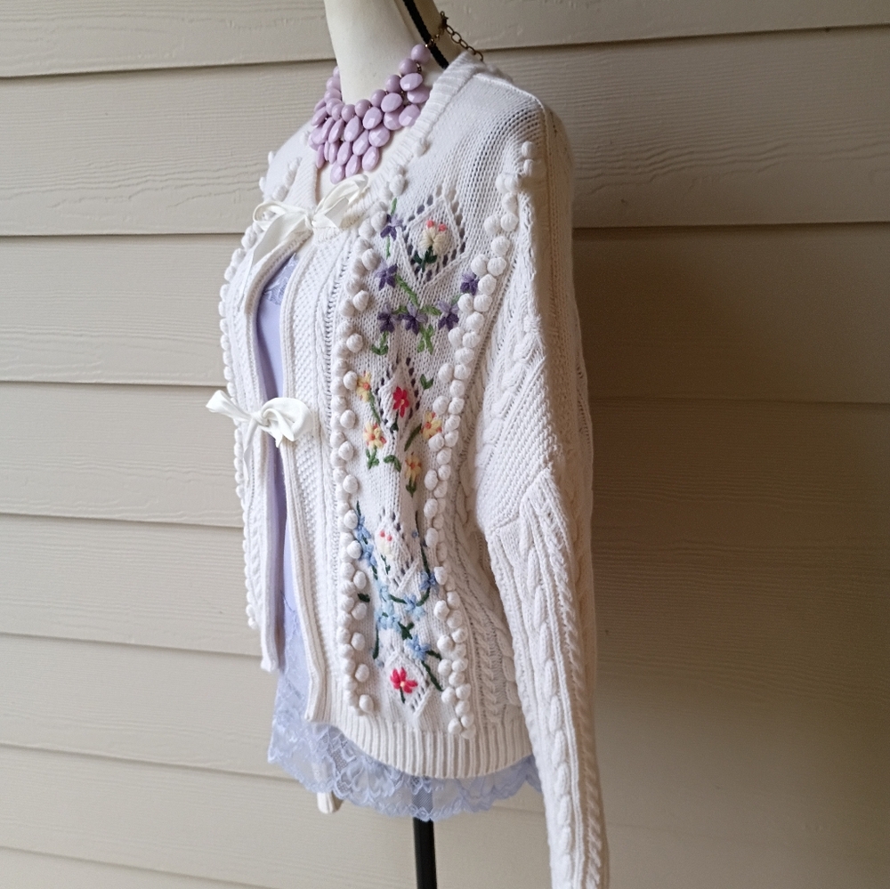 Polo Ralph Lauren Embroidered Floral Chunky Cable Knit Wool Cardigan Sweater - Picture 5 of 16